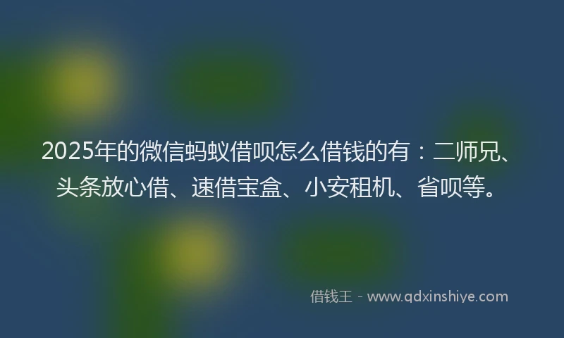 2025年的微信蚂蚁借呗怎么借钱的有：二师兄、头条放心借、速借宝盒、小安租机、省呗等。