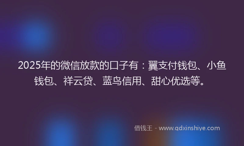 2025年的微信放款的口子有：翼支付钱包、小鱼钱包、祥云贷、蓝鸟信用、甜心优选等。