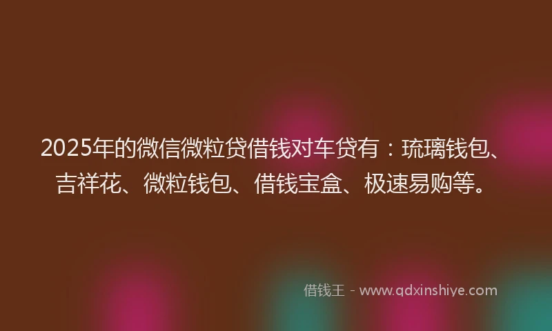 2025年的微信微粒贷借钱对车贷有：琉璃钱包、吉祥花、微粒钱包、借钱宝盒、极速易购等。