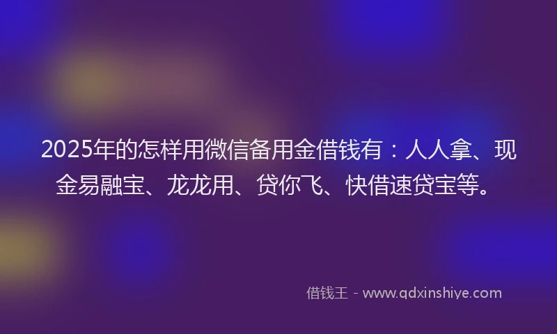 2025年的怎样用微信备用金借钱有：人人拿、现金易融宝、龙龙用、贷你飞、快借速贷宝等。