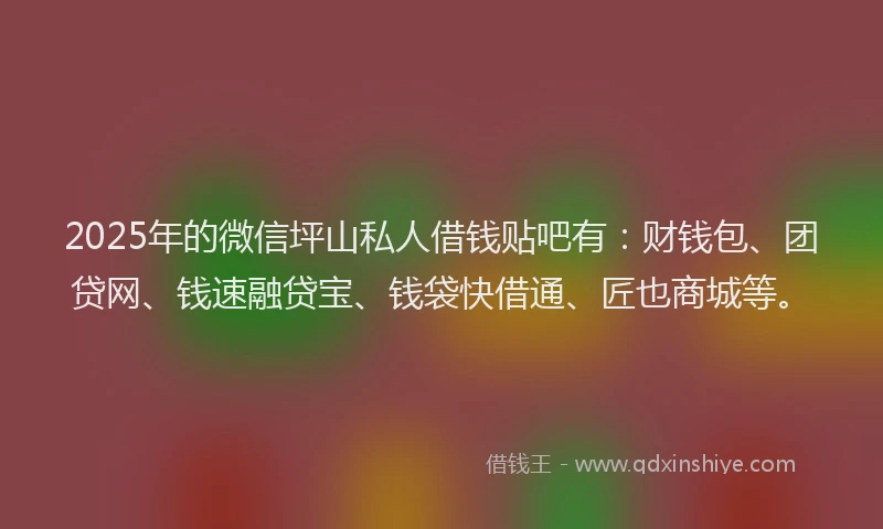 2025年的微信坪山私人借钱贴吧有：财钱包、团贷网、钱速融贷宝、钱袋快借通、匠也商城等。