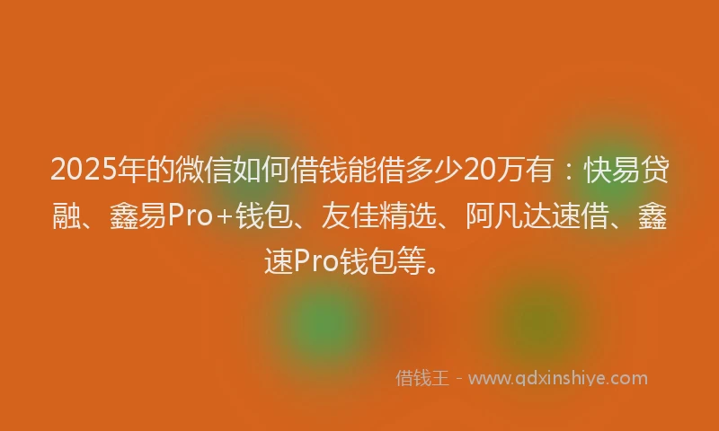 2025年的微信如何借钱能借多少20万有：快易贷融、鑫易Pro+钱包、友佳精选、阿凡达速借、鑫速Pro钱包等。