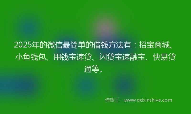 2025年的微信最简单的借钱方法有：招宝商城、小鱼钱包、用钱宝速贷、闪贷宝速融宝、快易贷通等。