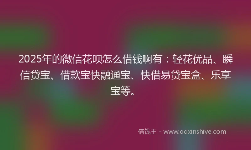 2025年的微信花呗怎么借钱啊有：轻花优品、瞬信贷宝、借款宝快融通宝、快借易贷宝盒、乐享宝等。