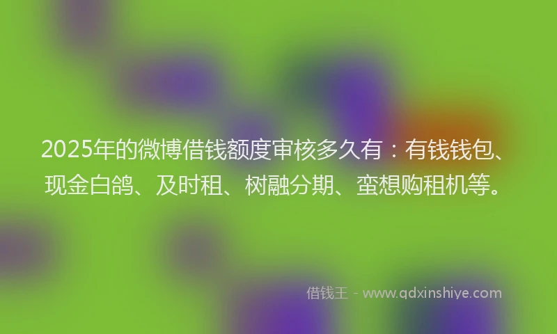 2025年的微博借钱额度审核多久有：有钱钱包、现金白鸽、及时租、树融分期、蛮想购租机等。
