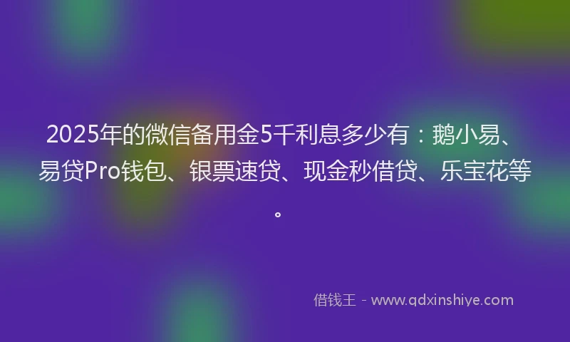 2025年的微信备用金5千利息多少有：鹅小易、易贷Pro钱包、银票速贷、现金秒借贷、乐宝花等。