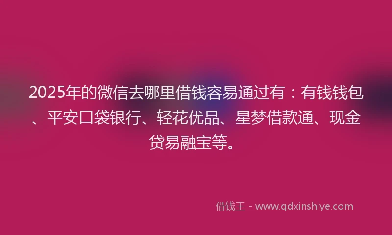 2025年的微信去哪里借钱容易通过有：有钱钱包、平安口袋银行、轻花优品、星梦借款通、现金贷易融宝等。