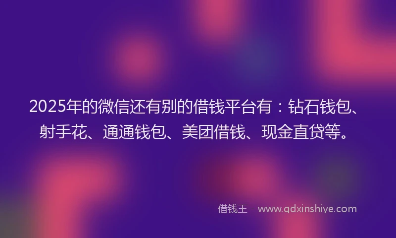 2025年的微信还有别的借钱平台有：钻石钱包、射手花、通通钱包、美团借钱、现金直贷等。