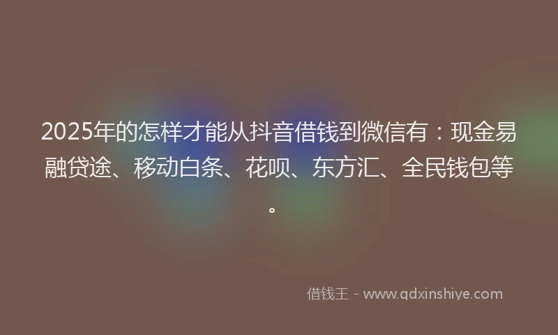 2025年的怎样才能从抖音借钱到微信有：现金易融贷途、移动白条、花呗、东方汇、全民钱包等。