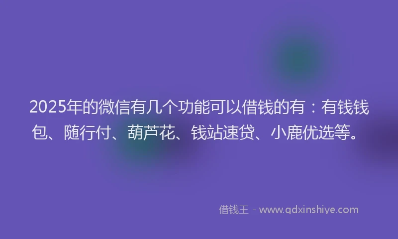 2025年的微信有几个功能可以借钱的有：有钱钱包、随行付、葫芦花、钱站速贷、小鹿优选等。