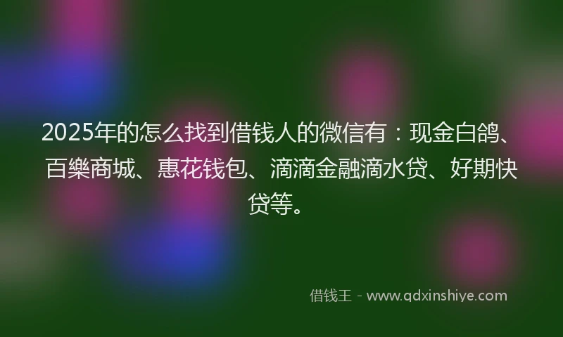 2025年的怎么找到借钱人的微信有：现金白鸽、百樂商城、惠花钱包、滴滴金融滴水贷、好期快贷等。