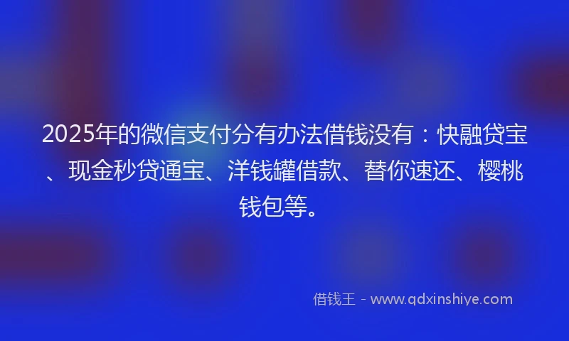 2025年的微信支付分有办法借钱没有：快融贷宝、现金秒贷通宝、洋钱罐借款、替你速还、樱桃钱包等。