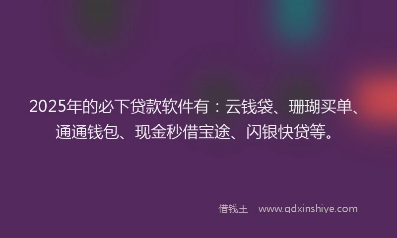 2025年的必下贷款软件有：云钱袋、珊瑚买单、通通钱包、现金秒借宝途、闪银快贷等。