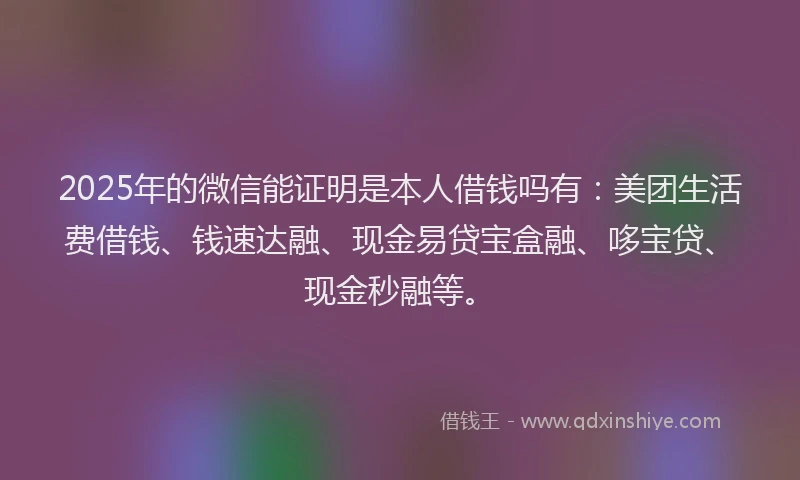 2025年的微信能证明是本人借钱吗有：美团生活费借钱、钱速达融、现金易贷宝盒融、哆宝贷、现金秒融等。