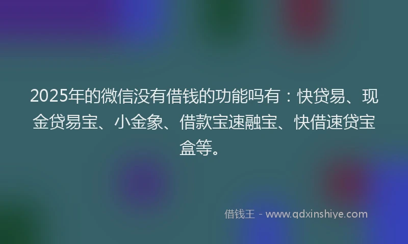 2025年的微信没有借钱的功能吗有：快贷易、现金贷易宝、小金象、借款宝速融宝、快借速贷宝盒等。