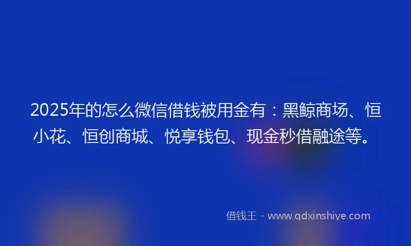 2025年的怎么微信借钱被用金有：黑鲸商场、恒小花、恒创商城、悦享钱包、现金秒借融途等。