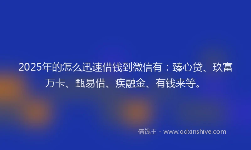 2025年的怎么迅速借钱到微信有：臻心贷、玖富万卡、甄易借、疾融金、有钱来等。