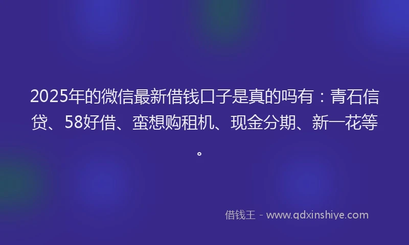 2025年的微信最新借钱口子是真的吗有：青石信贷、58好借、蛮想购租机、现金分期、新一花等。