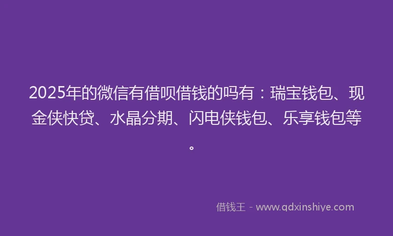 2025年的微信有借呗借钱的吗有：瑞宝钱包、现金侠快贷、水晶分期、闪电侠钱包、乐享钱包等。