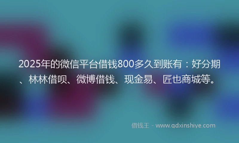 2025年的微信平台借钱800多久到账有：好分期、林林借呗、微博借钱、现金易、匠也商城等。