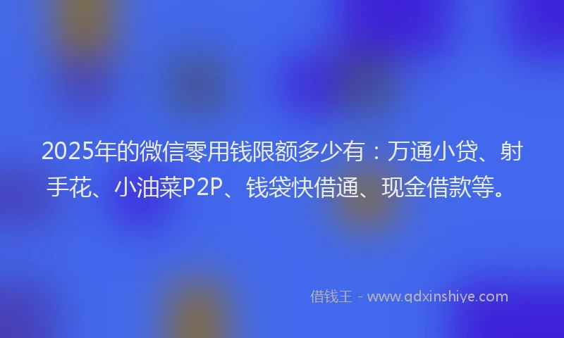 2025年的微信零用钱限额多少有：万通小贷、射手花、小油菜P2P、钱袋快借通、现金借款等。