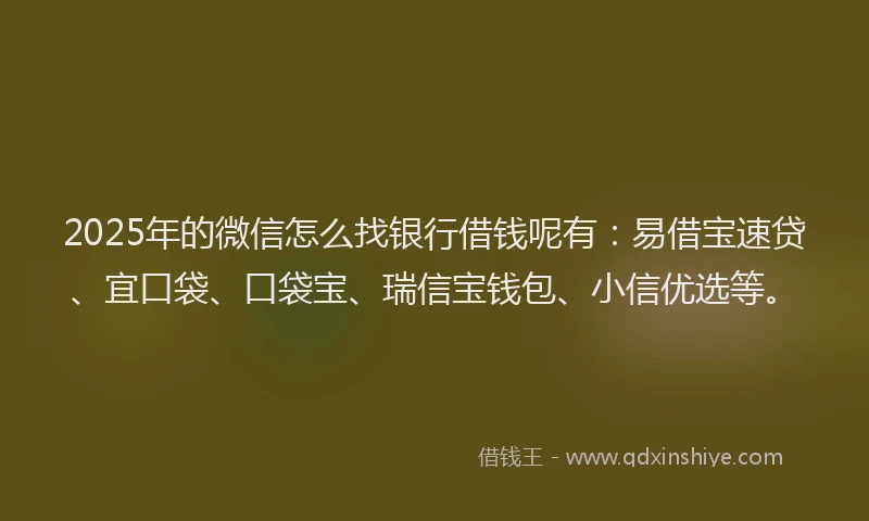 2025年的微信怎么找银行借钱呢有：易借宝速贷、宜口袋、口袋宝、瑞信宝钱包、小信优选等。