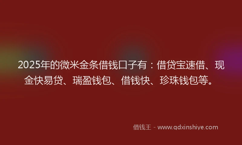 2025年的微米金条借钱口子有：借贷宝速借、现金快易贷、瑞盈钱包、借钱快、珍珠钱包等。