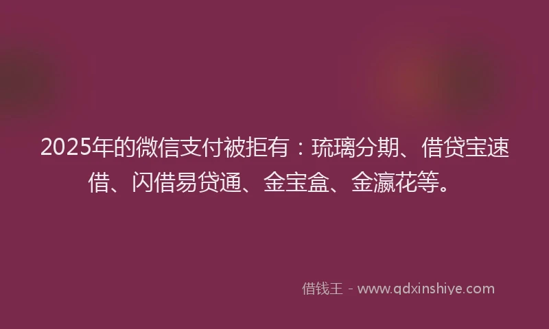 2025年的微信支付被拒有：琉璃分期、借贷宝速借、闪借易贷通、金宝盒、金瀛花等。