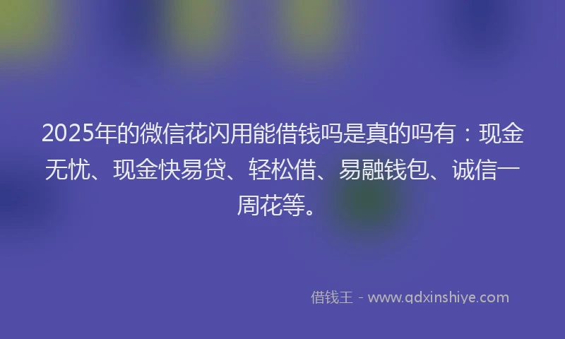2025年的微信花闪用能借钱吗是真的吗有：现金无忧、现金快易贷、轻松借、易融钱包、诚信一周花等。