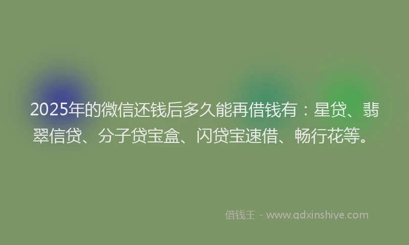 2025年的微信还钱后多久能再借钱有：星贷、翡翠信贷、分子贷宝盒、闪贷宝速借、畅行花等。