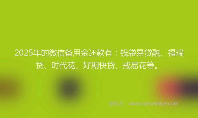2025年的微信备用金还款有：钱袋易贷融、福瑞贷、时代花、好期快贷、戒易花等。