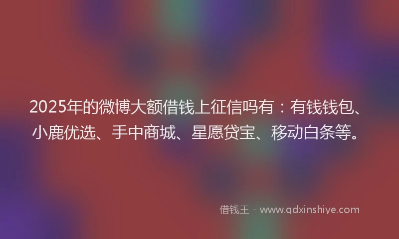 2025年的微博大额借钱上征信吗有：有钱钱包、小鹿优选、手中商城、星愿贷宝、移动白条等。