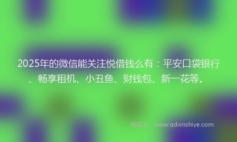 2025年的微信能关注悦借钱么有：平安口袋银行、畅享租机、小丑鱼、财钱包、新一花等。