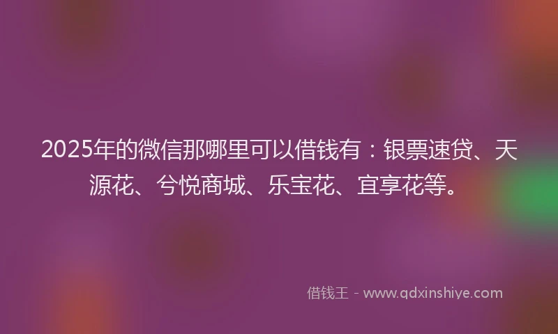 2025年的微信那哪里可以借钱有：银票速贷、天源花、兮悦商城、乐宝花、宜享花等。