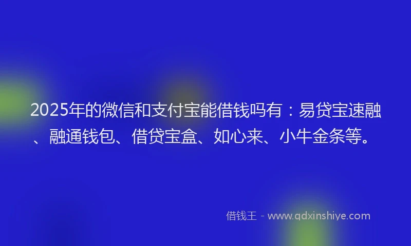 2025年的微信和支付宝能借钱吗有：易贷宝速融、融通钱包、借贷宝盒、如心来、小牛金条等。