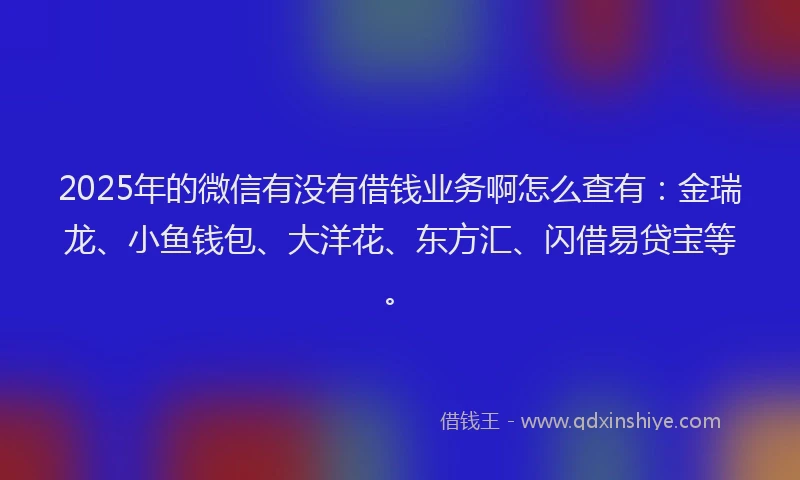 2025年的微信有没有借钱业务啊怎么查有：金瑞龙、小鱼钱包、大洋花、东方汇、闪借易贷宝等。