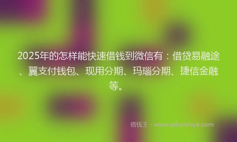 2025年的怎样能快速借钱到微信有：借贷易融途、翼支付钱包、现用分期、玛瑙分期、捷信金融等。