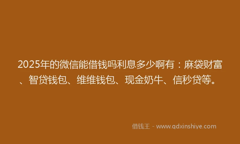 2025年的微信能借钱吗利息多少啊有：麻袋财富、智贷钱包、维维钱包、现金奶牛、信秒贷等。