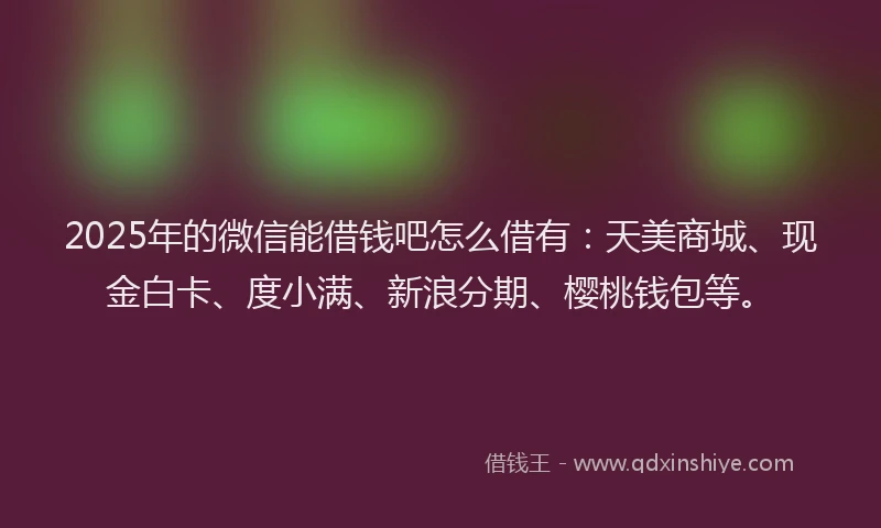 2025年的微信能借钱吧怎么借有：天美商城、现金白卡、度小满、新浪分期、樱桃钱包等。