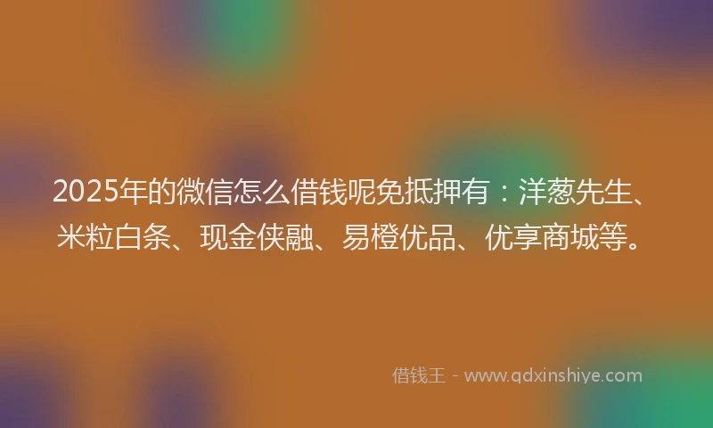 2025年的微信怎么借钱呢免抵押有：洋葱先生、米粒白条、现金侠融、易橙优品、优享商城等。