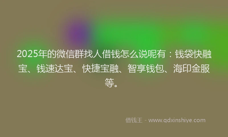 2025年的微信群找人借钱怎么说呢有：钱袋快融宝、钱速达宝、快捷宝融、智享钱包、海印金服等。