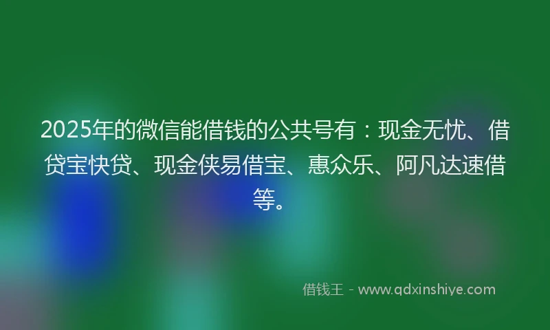 2025年的微信能借钱的公共号有：现金无忧、借贷宝快贷、现金侠易借宝、惠众乐、阿凡达速借等。