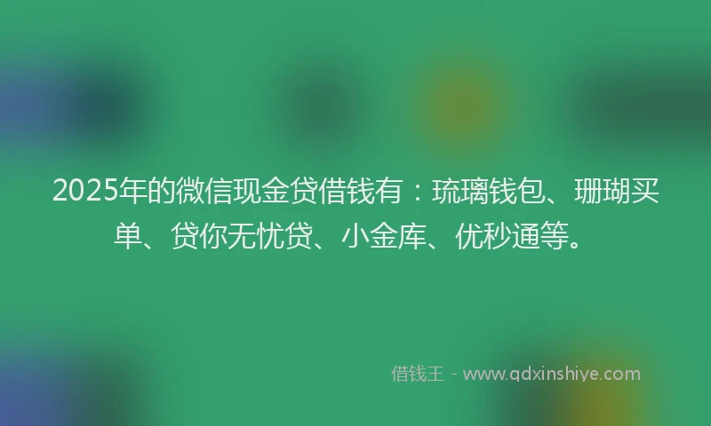 2025年的微信现金贷借钱有：琉璃钱包、珊瑚买单、贷你无忧贷、小金库、优秒通等。
