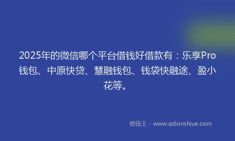 2025年的微信哪个平台借钱好借款有：乐享Pro钱包、中原快贷、慧融钱包、钱袋快融途、盈小花等。