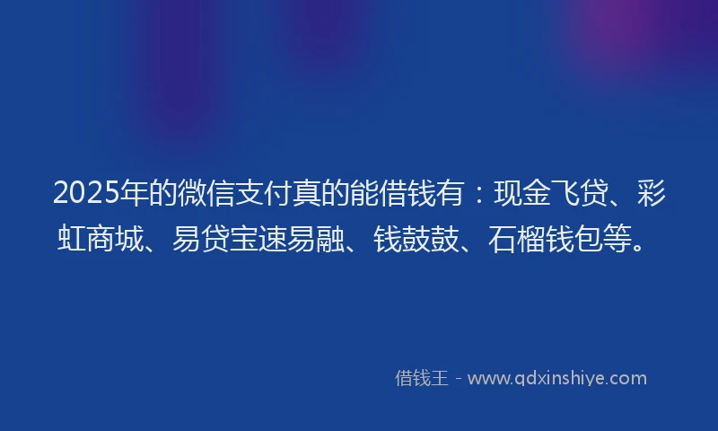 2025年的微信支付真的能借钱有：现金飞贷、彩虹商城、易贷宝速易融、钱鼓鼓、石榴钱包等。