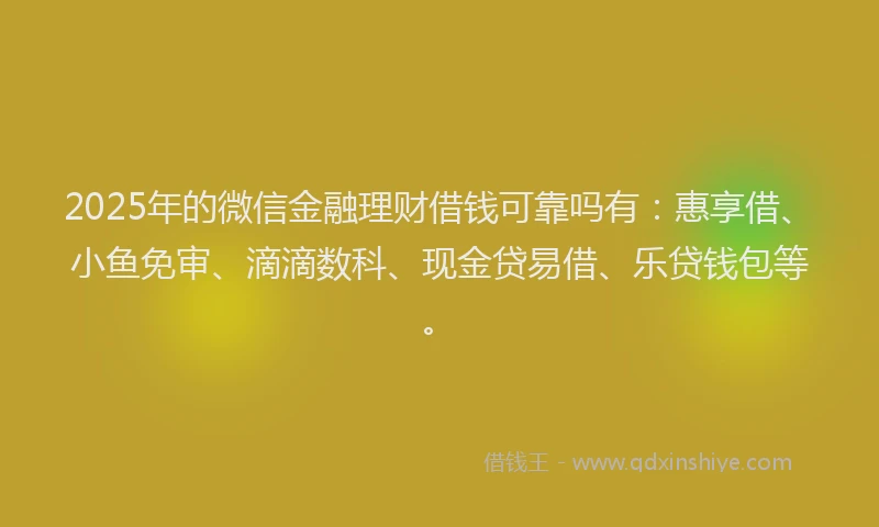 2025年的微信金融理财借钱可靠吗有：惠享借、小鱼免审、滴滴数科、现金贷易借、乐贷钱包等。