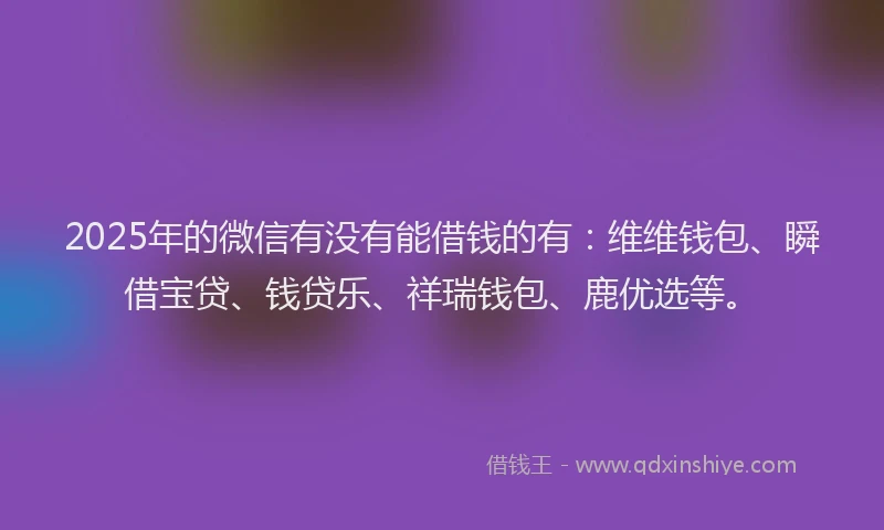 2025年的微信有没有能借钱的有:维维钱包、瞬借宝贷、钱贷乐、祥瑞钱包、鹿优选等。