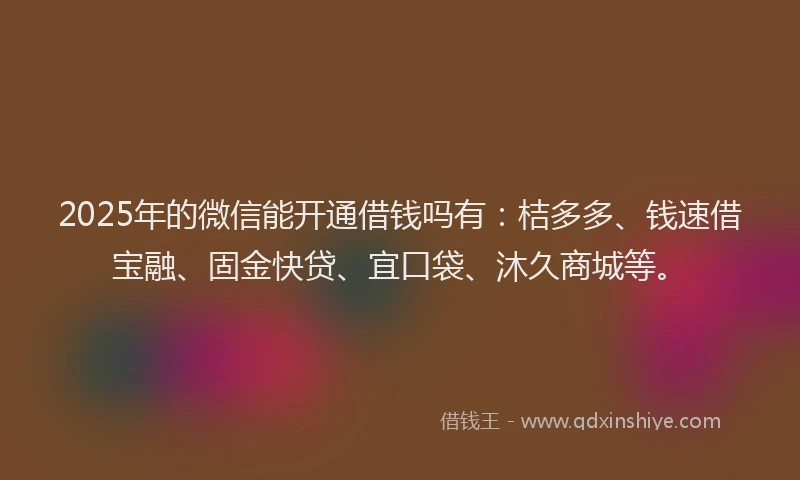 2025年的微信能开通借钱吗有：桔多多、钱速借宝融、固金快贷、宜口袋、沐久商城等。