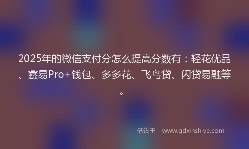 2025年的微信支付分怎么提高分数有：轻花优品、鑫易Pro+钱包、多多花、飞鸟贷、闪贷易融等。