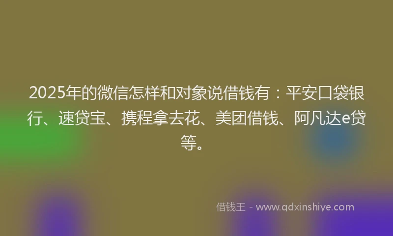 2025年的微信怎样和对象说借钱有：平安口袋银行、速贷宝、携程拿去花、美团借钱、阿凡达e贷等。